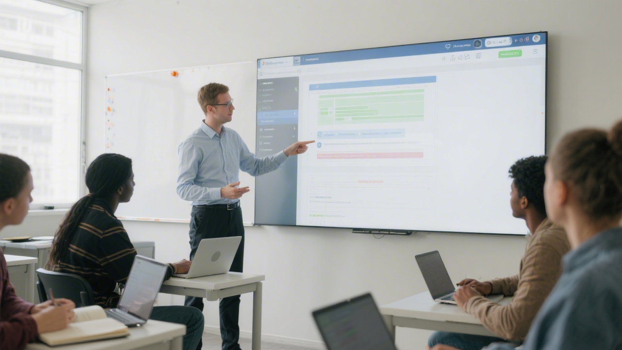 Instructor standing beside a large display in a classroom, explaining website layout principles to a small group of learners using laptops and notebooks.