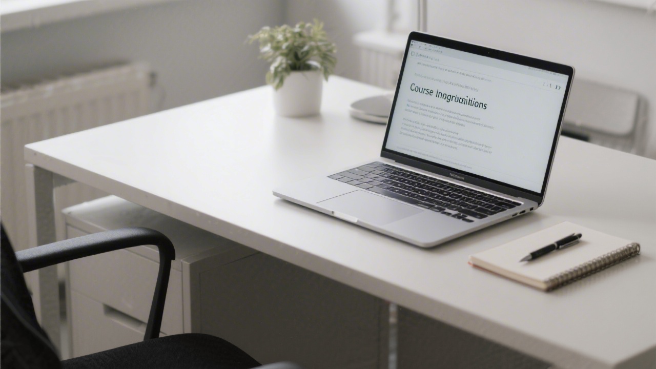 Professional desk with a laptop, notebook, and pen, suggesting a calm environment for course inquiries and learning support.