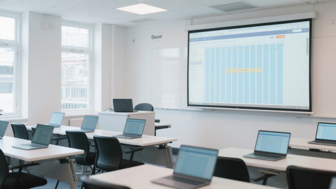 Bright training room in Cork with laptops, modern desks, and a large screen showing a website layout grid, representing a practical web development class environment.