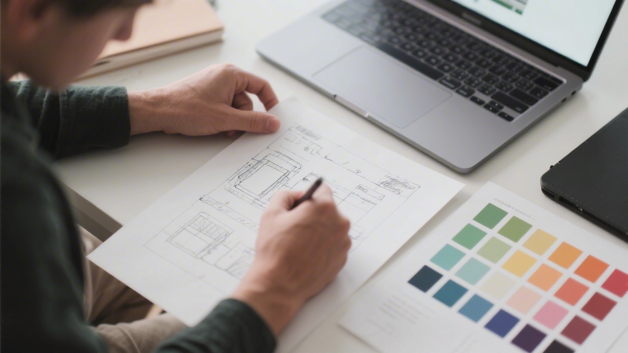 Designer sketching a website wireframe on paper, with a laptop nearby showing a clean UI grid and color palette choices.