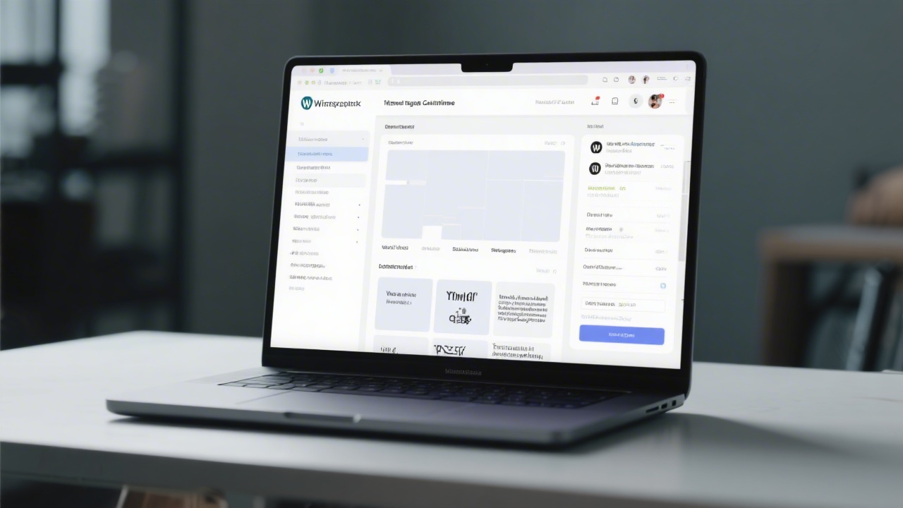 Laptop displaying WordPress theme customization panel, with layout options and typography settings visible in a realistic studio setting.